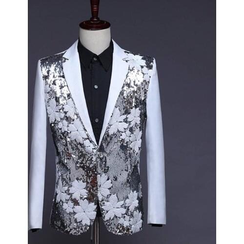 Mens Singer Host Performance Blazers Suit Flower Sequined Black And White Dress Jacket Singer Stage Piano Performance Suit