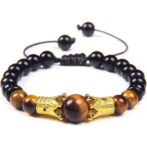 Men Tiger Eye Bracelet Big Beads Crown Charm Spacer Beads Braided Bracelet Natural Stone Fashion Handmade Jewelry Casual Pulsera