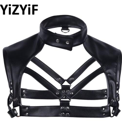 Men Sexy Harness Belt Faux Leather Lingerie Zentai Body Chest Harness Male Nightclub Costumes With Choker Neck Press Buttons