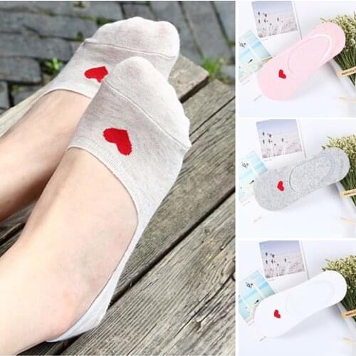 Red Heart Ankle Socks Women Cotton No Show Non-slip Short Boat Invisible Soft Kawaii Indoor Women Ankle Sock Slippers