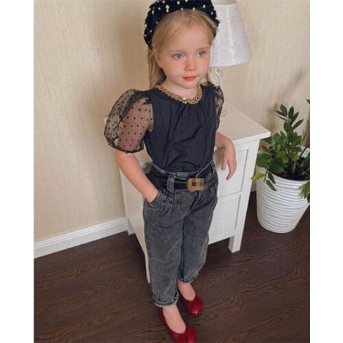 2020 New 1-6Y Toddler Baby Girl Summer Outfits Cute Puff Sleeve T-Shirt Top and Denim Long Pants Set 2pcs