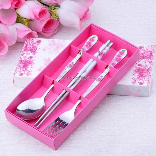 Wholesale 100sets/lot Spoon fork and Chopstick set metal dinnerware wedding party giveaways souvenirs