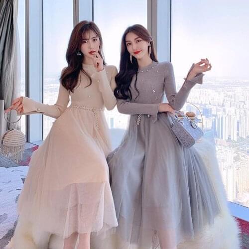 2020 Autumn Winter New Slim Women Dress Patchwork Knitting Female Bottoming Dresses