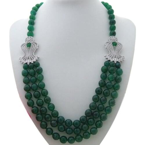 YYGEM 3 Strands Faceted Round Green Agate flower connector Statement Necklace