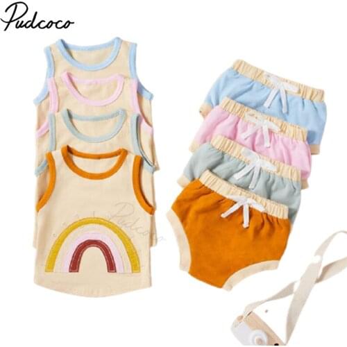 Baby Casual Two-piece Clothes Set Rainbow Patch Pattern Round Collar Vest + Shorts, Orange/ Pink/ Pale Green/ Blue