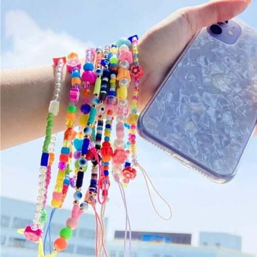 Fashion Trendy Colorful Acrylic Beads Mobile Phone Chain Cellphone Strap Anti-lost Lanyard For Women Hanging Cord Summer Jewelry