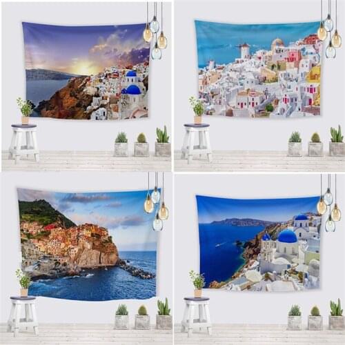 Mediterranean Ocean Traditional Architecture City Tapestry Wall Hanging Picnic Camping Sitting Tablecloth Sofa Cover Room Decor