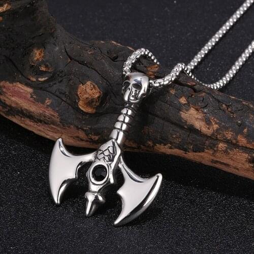 Creative Stainless Steel Vintage Skull Axe Men Pendants Necklaces Square Pearl Chain Fashion Jewelry Male Accessories ST0052