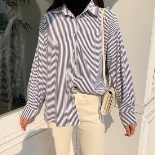 2021 Spring And Autumn Blue Vertical Stripes Shirt Female Design Sense Shirt Korean Fashion Loose Ins Wind Stacking Top q040