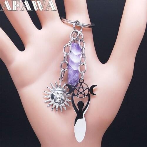 Witchcraft Sun Moon Goddess Stainless Steel Purple Crystal Hexagonal Column Quartz Key Chain Women Jewelry porte clefs N4219S02