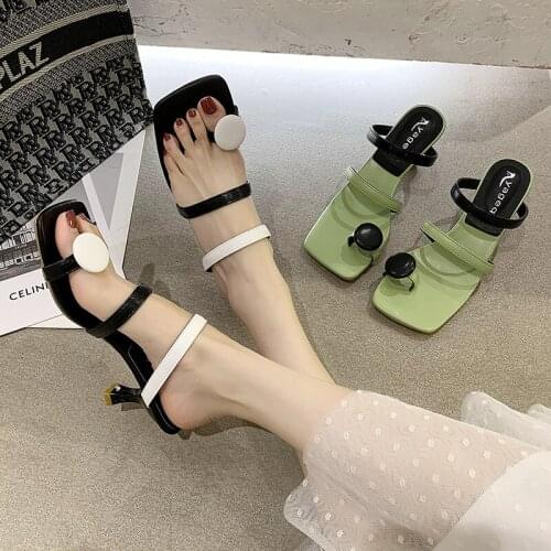 One word belt womens shoes 2021 new retro round buckle square toe stiletto high heel slippers fashion all-match sandals