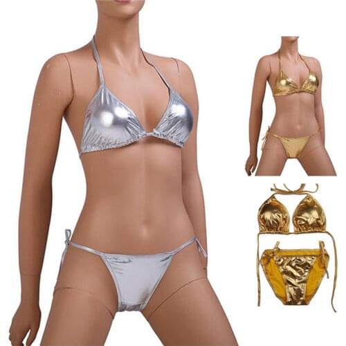 Mosaic Gold Bikini 2 PCS Set Women Faux Leather Exotic Lingerie Bandage Biquini Swimsuit Shiny Sexy Sukumizu PU T-Back Gstring