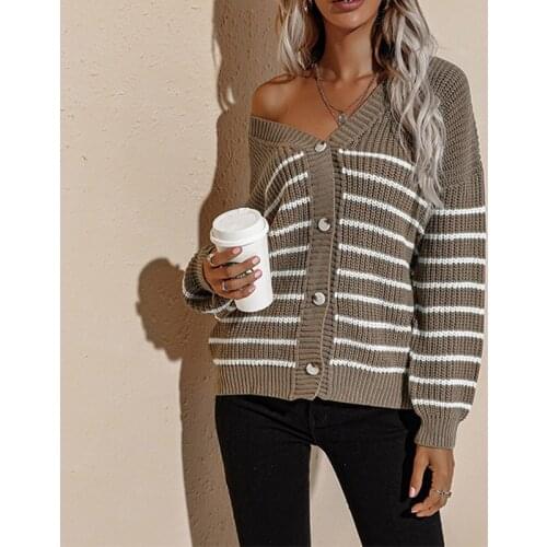 Button Striped Womens Sweater Long Sleeve V-neck Loose Women Knitted Cardigans 2021 Autumn New Casual Korean Ladies Coat Top