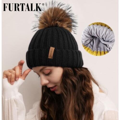 FURTALK Winter Hat for Women Pompom Beanie Hat Real Roccoon Fur Pom Pom Hat Warm Knitted Winter Cap with Velvet Lining