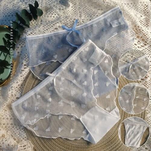 2Pcs/Set Women Transparent Underwear Low-waist Sexy Lingerie Lace Panties Ruffled Cotton Crotch Mesh briefs Breathable Erotic