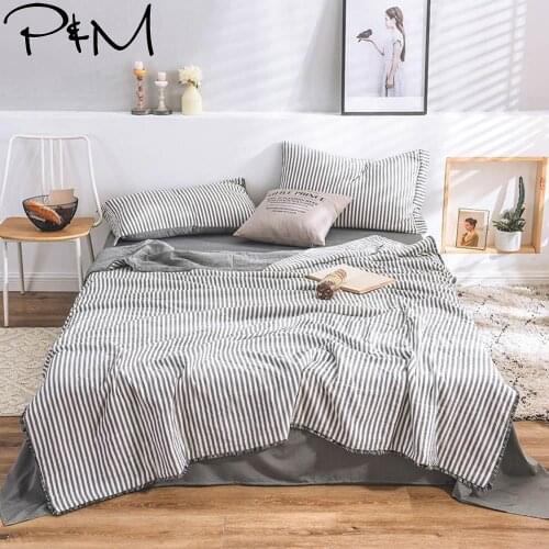 2019 Japanese Style Grey Stripes Bedding Set Wash Microfiber Polyester 4pcs Summer Quilt Bedlinens Bedsheet Pillowcases