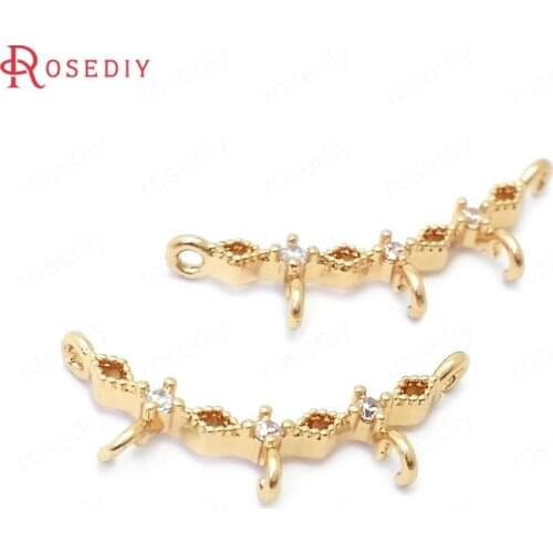 39112)10PCS 8x23MM 24K Champagne Gold Color Brass and Zircon 3 Hanging Holes Curve Shape Charms Pendants Connector Accessories