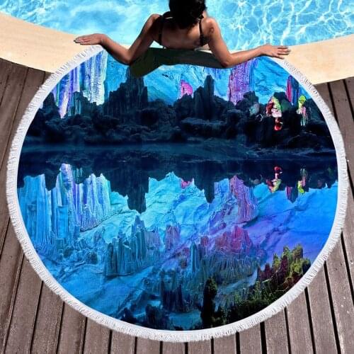 3D Print Blue Spar Cave 150cm Round Microfiber Beautiful Beach Towel Picnic Blanket Portable Outdoor Sport Kids Adult Yoga Mat