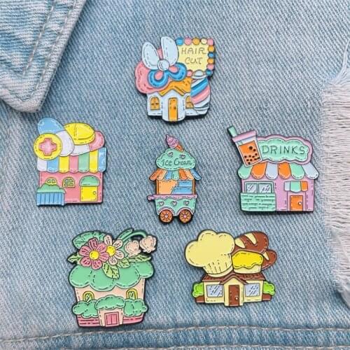 Creative Cute Color Various House Enamel Brooch Ice Cream Haircut Bread Milk Tea Hospital House Alloy Pins Sweet Badge Jewelry