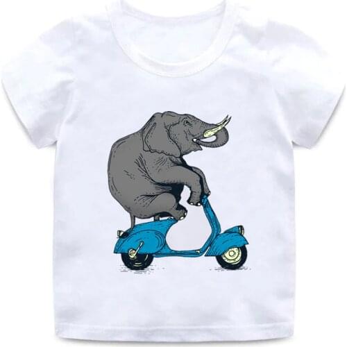 Children cute elephant riding motorcycle print T-shirt 3D elephant shirt boys and girls soft round neck casual t-shirt