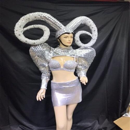 EC44 Ballroom dance stage show costumes dj party singer dresses horn silver mirror outfit clothes vest model bikini performance