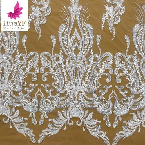Exclusive French White 3d Heavy Long Glass Beaded Lace With Sequins Bridal Wedding Dress Fabric HY1554-4