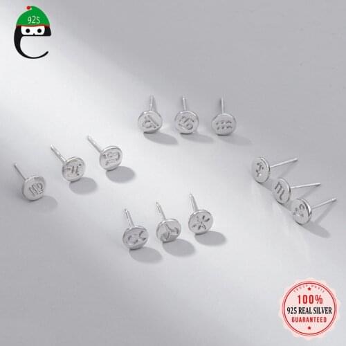 ElfoPlataSi Real 925 Sterling Silver Fashion Round 12 Constellation Stud Earrings Birthday Gift For Women Girls Jewelry DD1009
