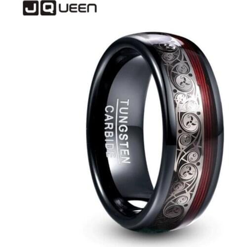 NUNCAD 8mm Wide Tungsten Steel Ring Plating Black Inlay Triple Spiral Pattern+Red Guitar String Tungsten Carbide Ring T229R