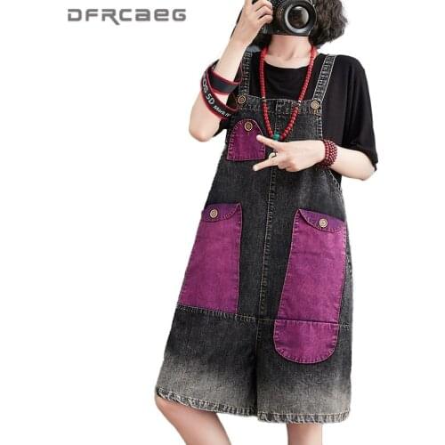 Patchwork Womens Denim Suspenders Overalls 2021 Summer Washed Loose Denim Jumpsuits Wide Leg Short Pants Female Rompers