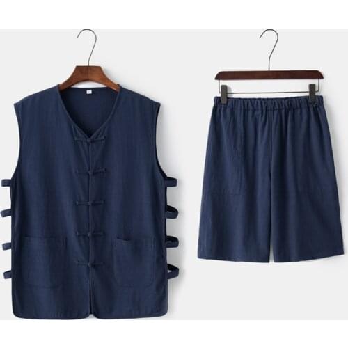 Mens Cotton Linen Kung Fu Suit male Sleeveless Wagoner Undershirt+Pants Sets Traditional Chinese Tang Suit Tai Chi Uniform