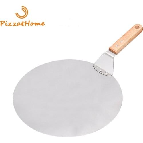 PizzAtHome 12 Inch Stainless Steel Pizza Peel Round Pizza Shovel Wooden Handle Pizza Peel Paddle Short Shovel Pizza Tools