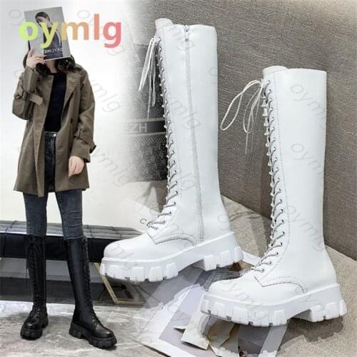 Fashion Women Cross Strap PU Leather Boots Autumn Winter Knee High Boots Ladies Thick Sole Platform Botas Mujer Mid-calf White