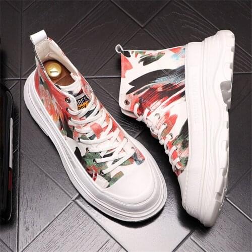 Mixed Color Print Men High Tops Leather Sneakers Casual Hip Hop Thick Bottom Platform Shoes Ankle Boots Zapatillas Hombre