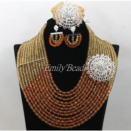Popular Nigerian Champagne Gold/Orange Wedding African Beads Jewelry Set Crystal Bridal Necklace Bracelet Earrings Set ALJ016