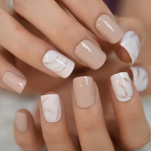 24Pcs Fake Nails Khaki Nude Marble Pattern Artificial False Nail Tips for Office Home Square Short Faux Ongle Free Glue Sticker