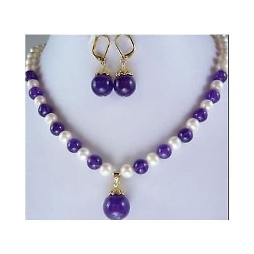 Nobility Woman Beautiful 7-8MM White Pearl gem Necklace Earring setss -jewelry