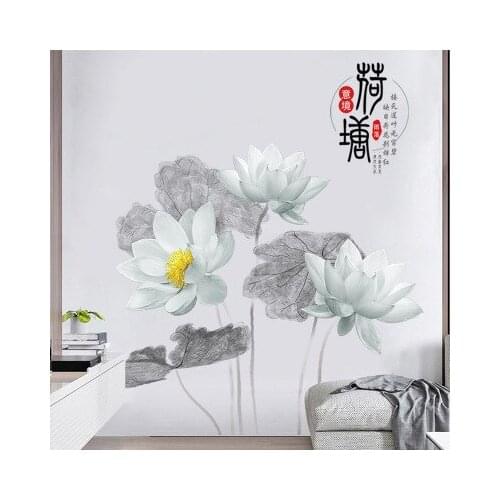 Chinese Style Wallpaper Large Wall Stickers Self adhesive Room Decoration 3D PVC Living Room Wall Decal Lotus Stickers For Wall