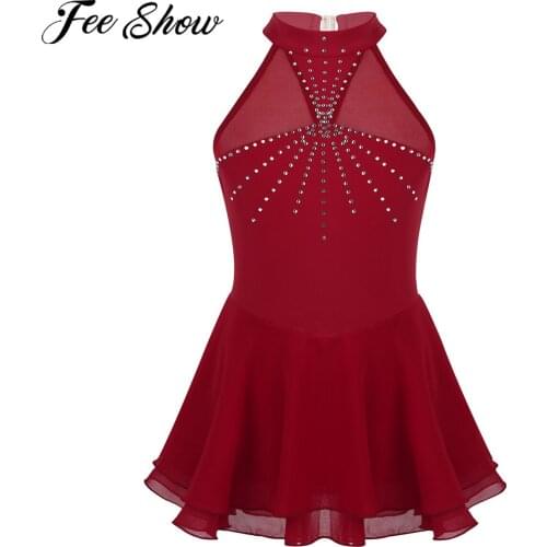 Ballerina Dress for Girls Figure Ice Skating Roller Skating Dress Halter Sparkly Rhinestone Mesh Splice Gymnastics Leotard Dress