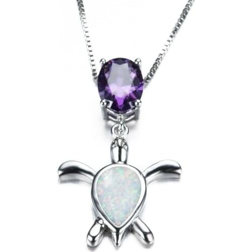 FDLK Lovely White Fire Opal Turtle Pendants Purple Pendants Necklaces Fashion Women Wedding Jewelry