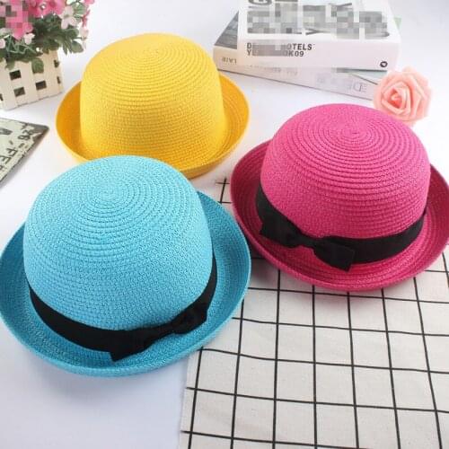 Seioum Parent-child Summer Bowler Decor Straw Hat Holiday Beach Sun Hats Fedora Wide Brim Cloche Cap For Women Lady Headwear