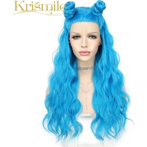 Krismile Synthetic Lace Wigs Blue Long Water Wave Wig High Temperature Party Cosplay Daily for Women Pre Plucked Hairline