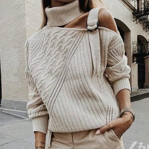 Foridol knitted hollow out sweater pullovers female one shoulder belt turtleneck oversized sweater streetwear casual vintage top