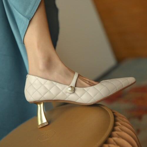 High Heel Mary Janes Shoes Women 2021 Spirng Summer Fashion Pumps Leather Female Office Career Elegant Thin Heels Pumps New