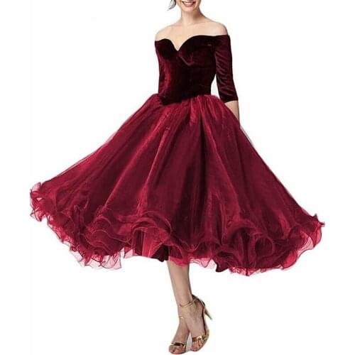 Tea Length Evening Dresses Short Off the Shoulder Half Sleeves Puffy Prom Party Dresses