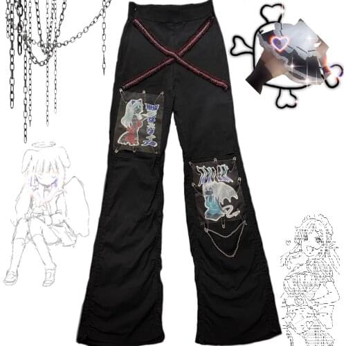 Ruibbit Hot Girl Harajuku Vintage Black Gothic Pants High Waist Slim Tie-dye Punk Streetwear Y2K