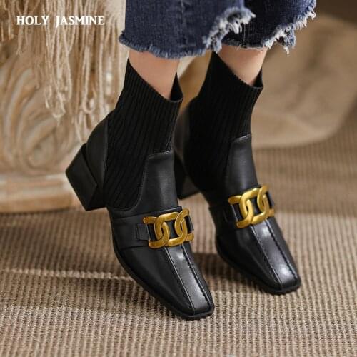 2021 Retro Women Ankle Boots Autumn Winter Genuine Leather Knitting Sock Boots Thick Heels Newest Metal Decoration Shoes Woman