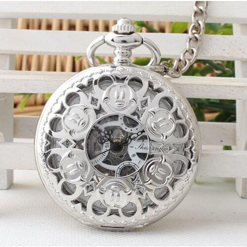 Steampunk Silver Mechanical Pocket Watch Men Vintage Skeleton Dial Retro Necklace Pocket Fob Watches With Chain Xmas Gift TJX091
