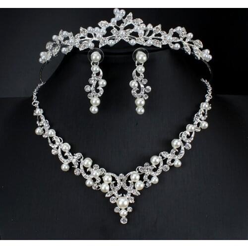 Womens Jewelry Set Bridal Necklace Earrings Crown Imitation Pearl Jewelry Wedding Dress Accessories