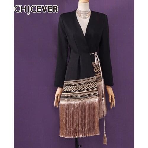 CHICEVER Slim Elegant Patchwork Blazer For Women V Neck Long Sleeve High Waist Lace Up Tassel Irregular Hem Blazers Female 2020