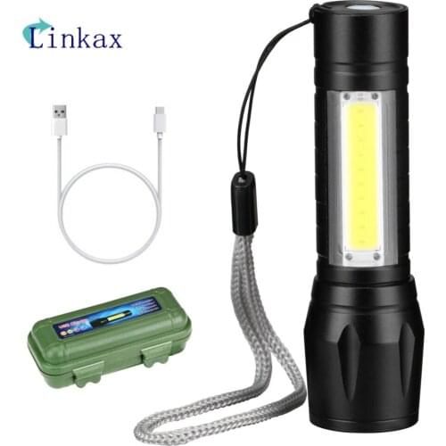 3 Modes USB Rechargeable Flashlight 3800LM XPE COB LED Flash Light Zoomable Tactical Torch Lamp with Battery+Box